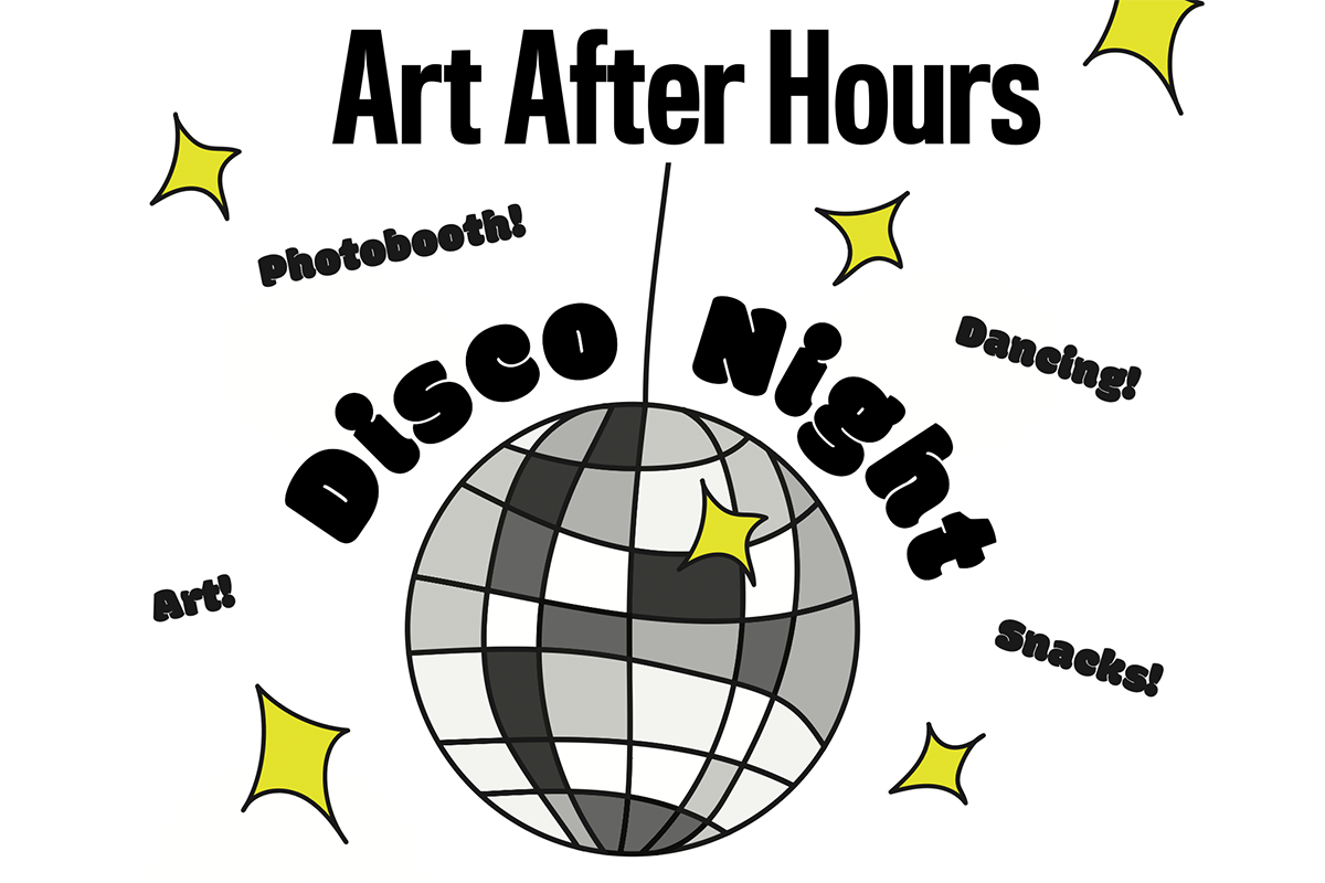 Art After Hours text with a drawing of a disco globe