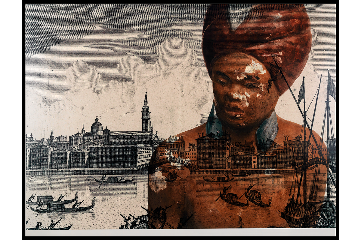To the right a ceramic figure is printed over a drawn landscape of a shoreline against a city.