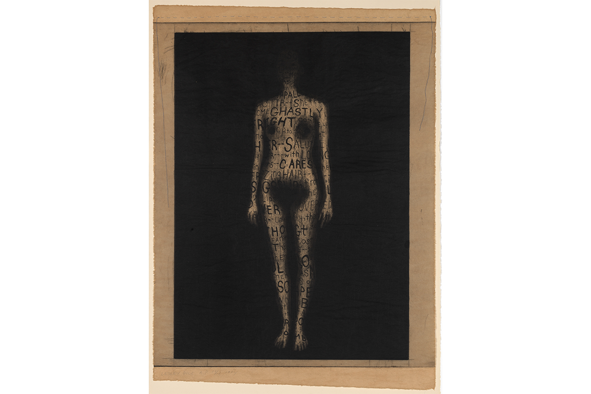 Faded figure with words written over their body