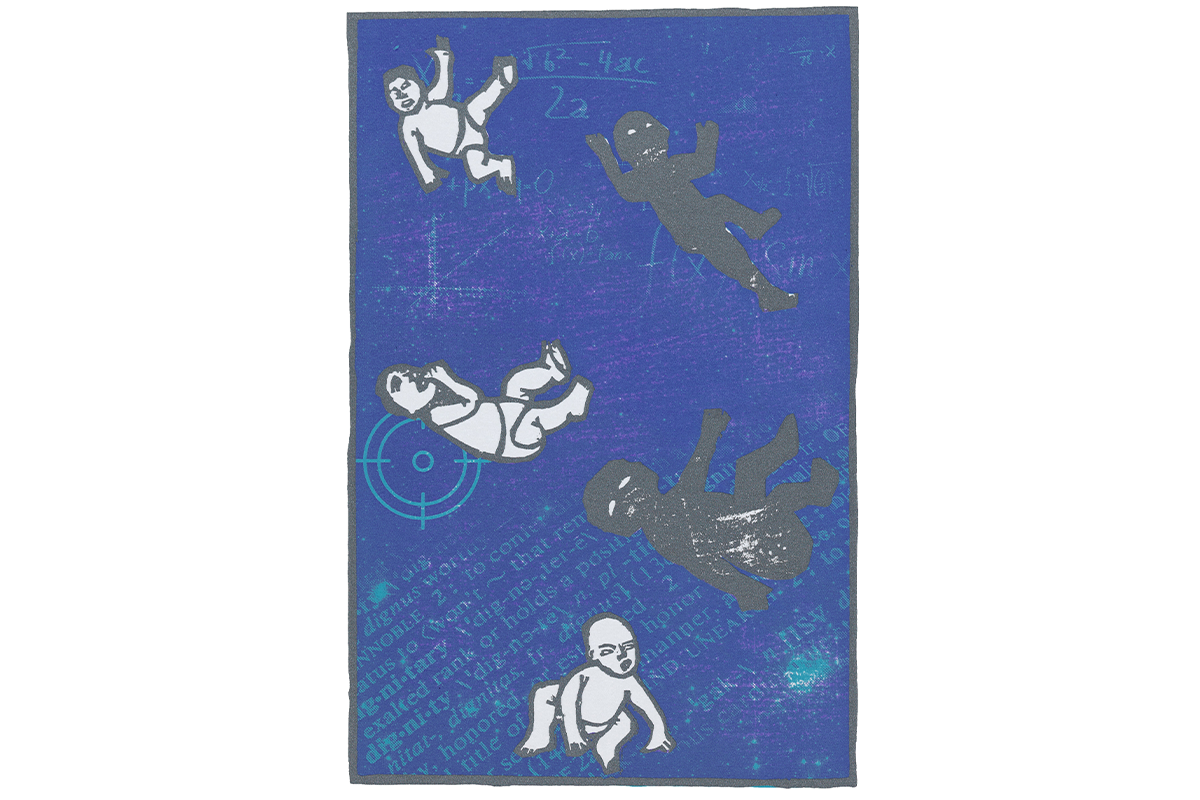 Five drawn babies floating on a blue background with math equations and text.