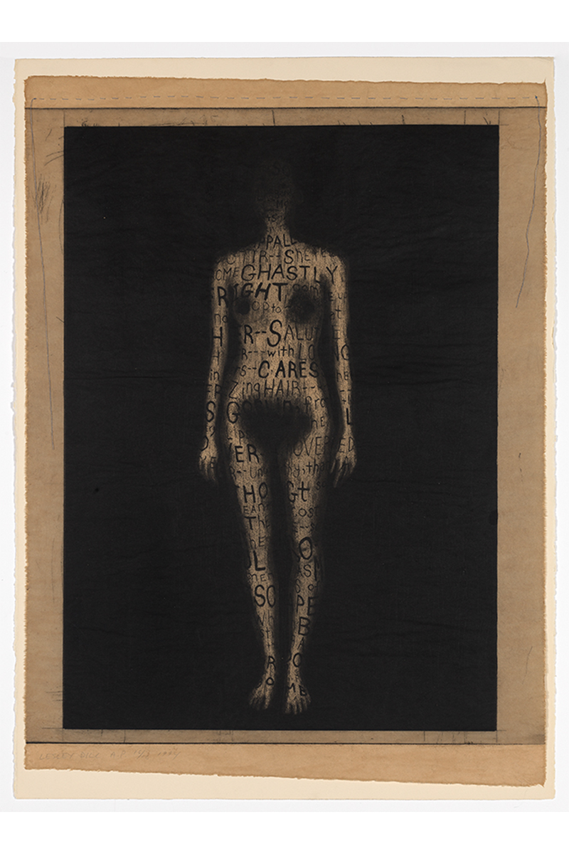 Print of an abstract female figure surrounded by darkness so that her head, hands, and feet are obscured. Partial words are handwritten in different sizes across her body, but only the words “ghastly”, “cares”, “with”, and “hair” are fully legible.
