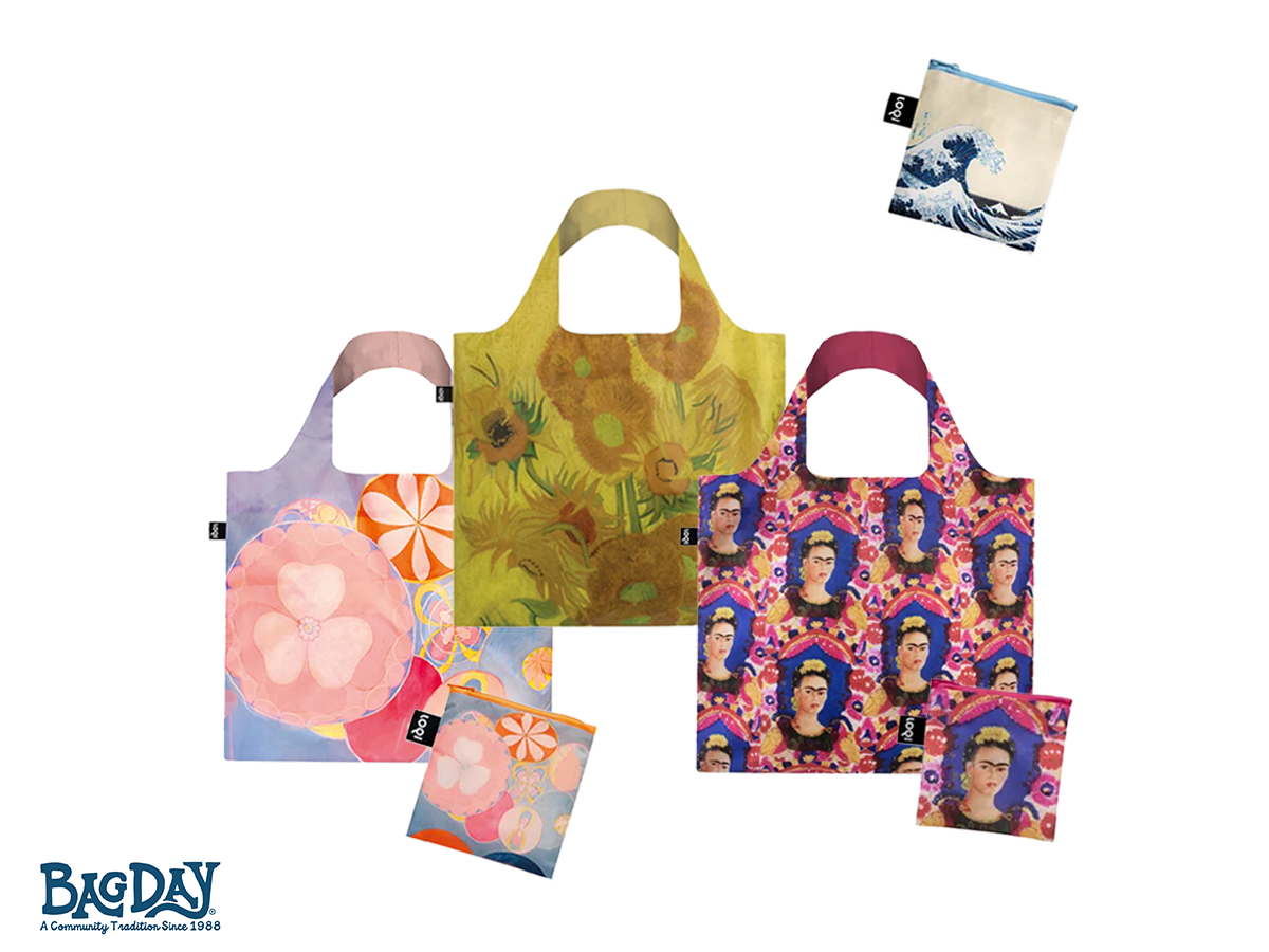 Three bags with all over artist prints of Hilma af Klimt, Vincent Van Gogh, and Frida Kahlo. There are also three smaller bag versions of which the bigger bags are meant to go inside.