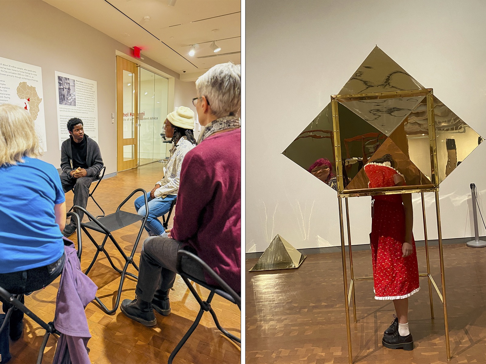 Left image has 4 people sitting on chairs in a gallery, right image is a person standing sinside a metal star shaped sculpture with their lower body and feel showing only