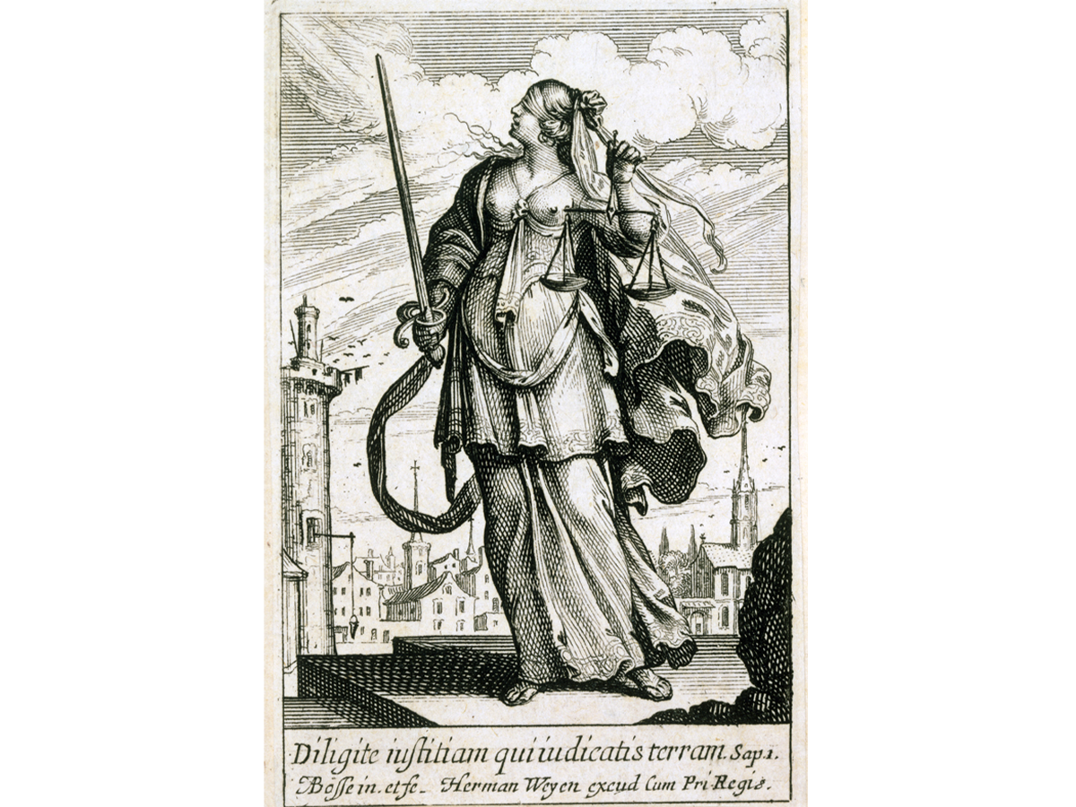 etching illustration of a woman in flowing clothes holding a sword in one hand a a scale in another with a city in the background