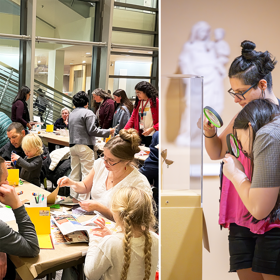 Two photos: on the left is a room of adults and children making art at a table,: on the right are two people looking at a small object with magnifying glasses