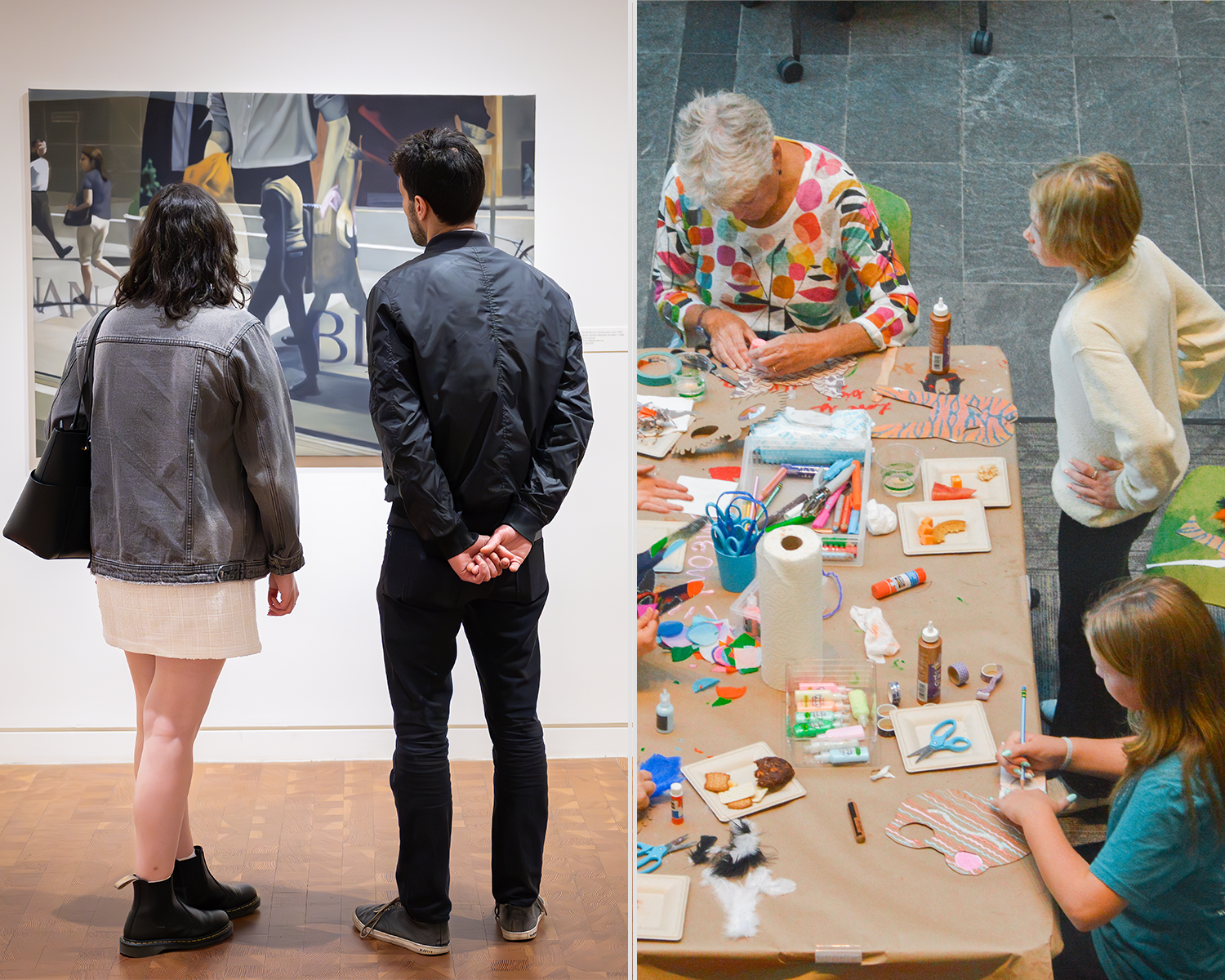 Two people standing in front of a painting on the left; three people at a table making art, elderly person on left and two adolescents on the right