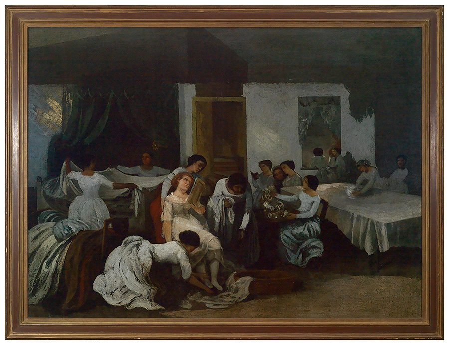 Painting of a figure seated in the center of a dimly-lit bedroom. Many women dressed identically in simple, white dresses perform tasks around the room, including making a bed, reading, and looking out of a window.