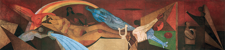 Long and narrow mural of several geometric figures in bright shades of red, brown, and blue. They lounge against a deep red background. An arc of various colors crosses the left half of the mural like a rainbow.
