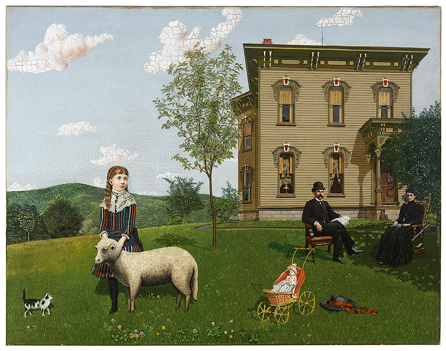 Oil painting landscape painting of a large, beige clapboard house on a grassy hill. A girl holds a sheep by the collar in the foreground, with a doll in a small carriage next to her. Two figures dressed in black sit in chairs on the lawn in front of the house.