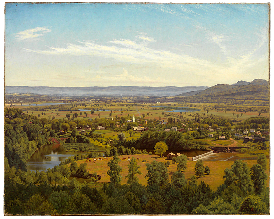 Naturalistic painting of a view over an open landscape of fields, small lakes, and trees. Mountains meet the horizons in the background. Clusters of small homes and churches are in the center. 