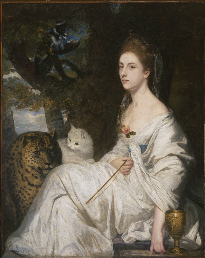 Three-quarter painted portrait of a seated woman dressed in a white dress that cascades around her. A leopard and white are seated next to her, leaning on her crossed legs.