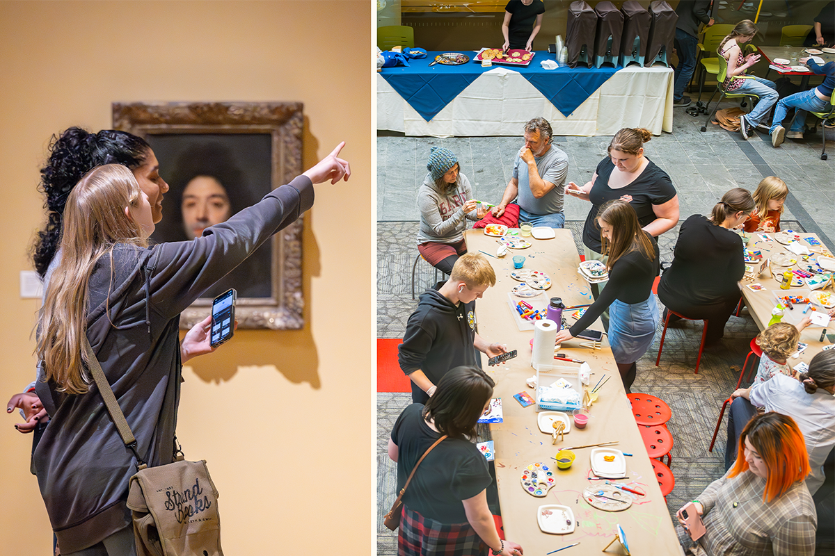 Two photos, one on left has two adults  looking at art in a gallery and the one on right is birds eye view of 14 people of all ages sitting at tables making art and eating