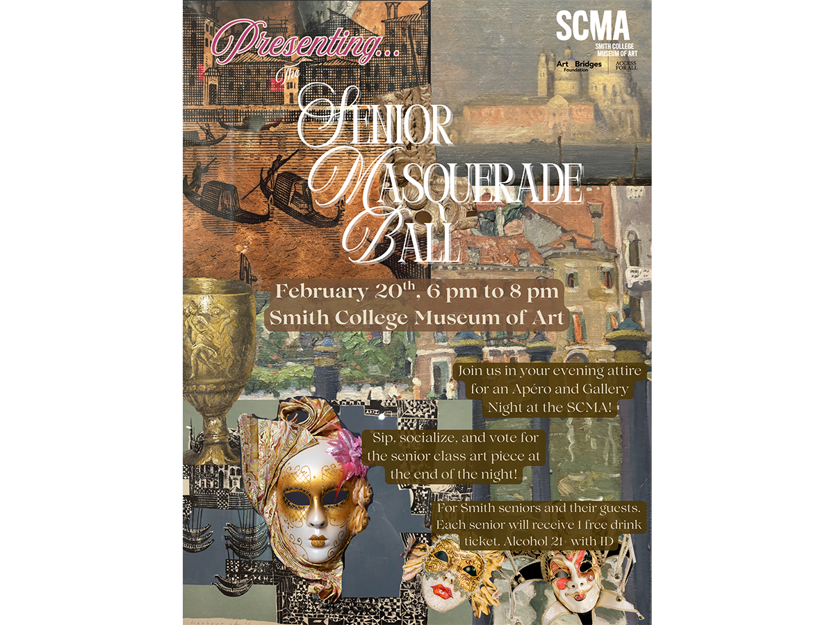 A mix of imagery featuring artworks collaged together, and ornate masquerade masks. The text on top describes an upcoming event.