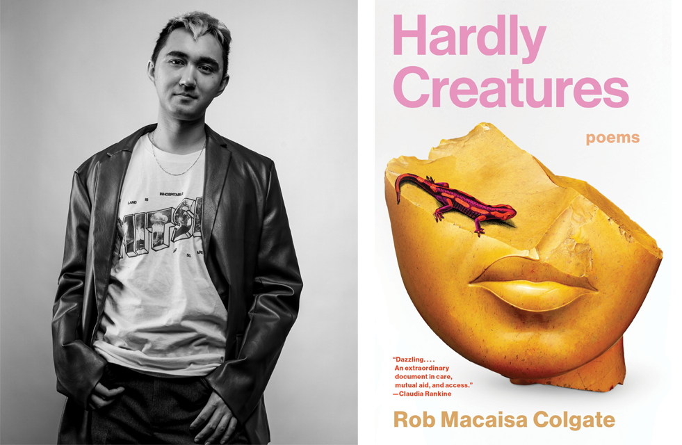 black and white portrait of a person, Rob Macaisa Colgate and a book cover of Hardly Creatures