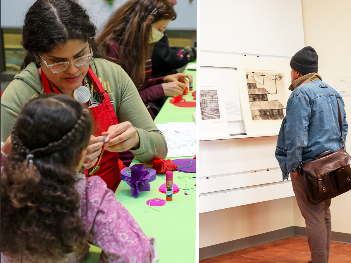 Two photos: left are four people of varying ages at a table making art. Right, a person with cap and leather bag looking at prints displayed on a wall