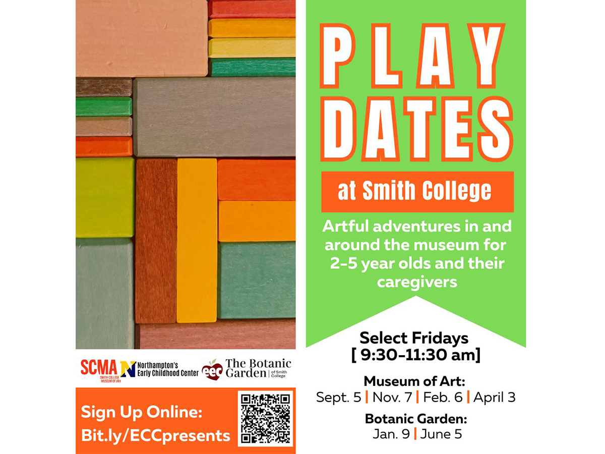 A graphic with clored blocks, same text as below with additional dates for upcoming Playdates: At the Museum of Art: Sept. 5 | Nov. 7 | Feb. 6 | April 3. At the Botanic Garden: Jan. 9 | June 5