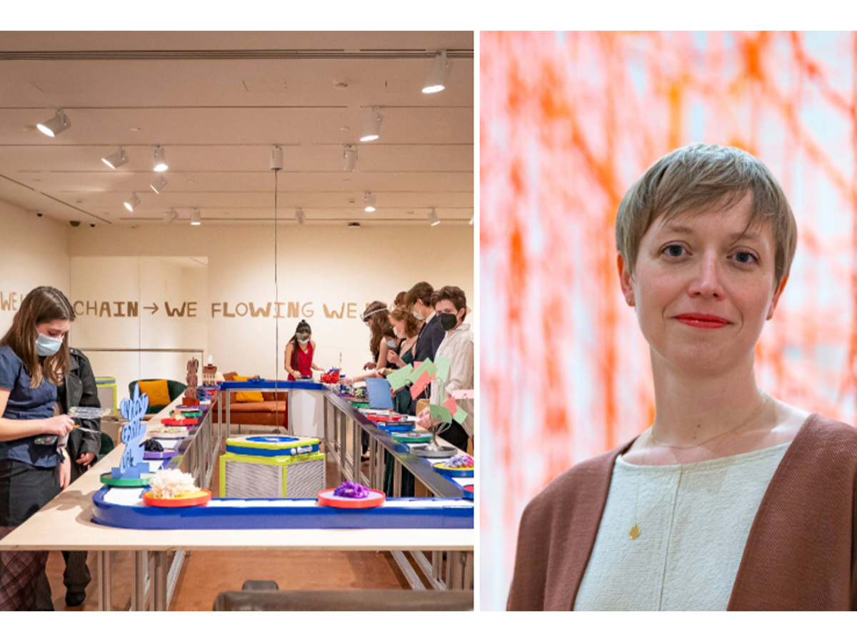 Two photos side by side, left of a room with a conveyor belt with objects on it and people touching objects, the right a person with short hair and a white and ocher sweater in front of red ropes in background