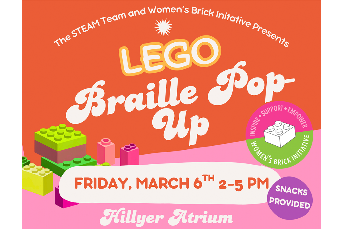 Graphic that reads Braille pop-up, Friday, March 6, 2–5pm, Hillyer Atrium