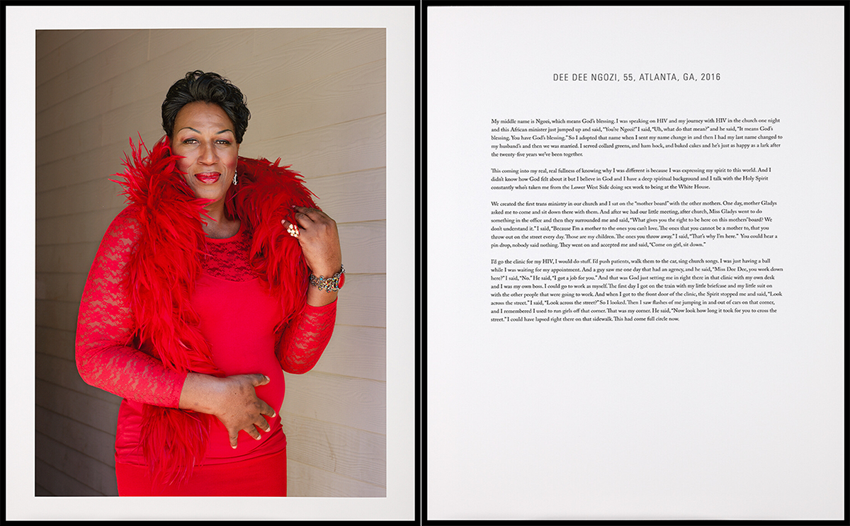 Portrait photograph of a person in a bright red dress, red feather boa and red lipstick, next to an interview text.