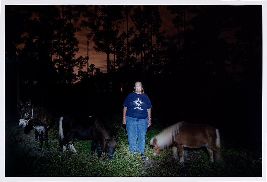 Person standing in the dark in grassy wooded area with miniature ponies.