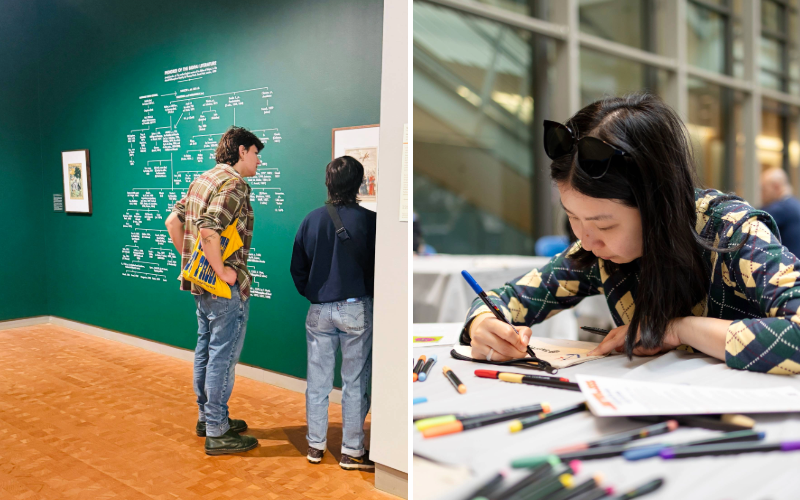 Two People looking at an exhibit in a gallery. Another photo of a person drawing at a table. 