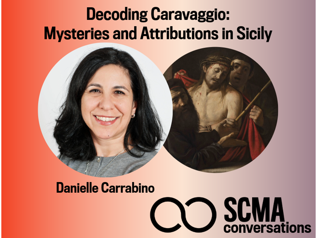 Two circles, one with a portrait of a woman and the other with a Renaissance painting by Caravaggio. 