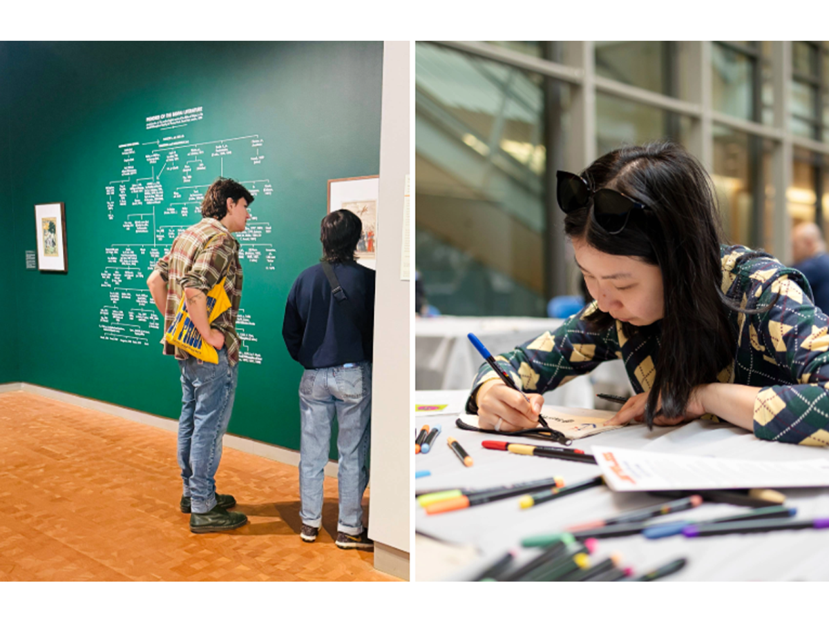 Two People looking at an exhibit in a gallery. Another photo of a person drawing at a table. 