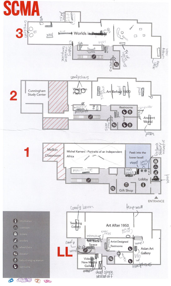An SCMA floorplan map with hand-written pencil notes indicating features like “wood bench” and “water.”