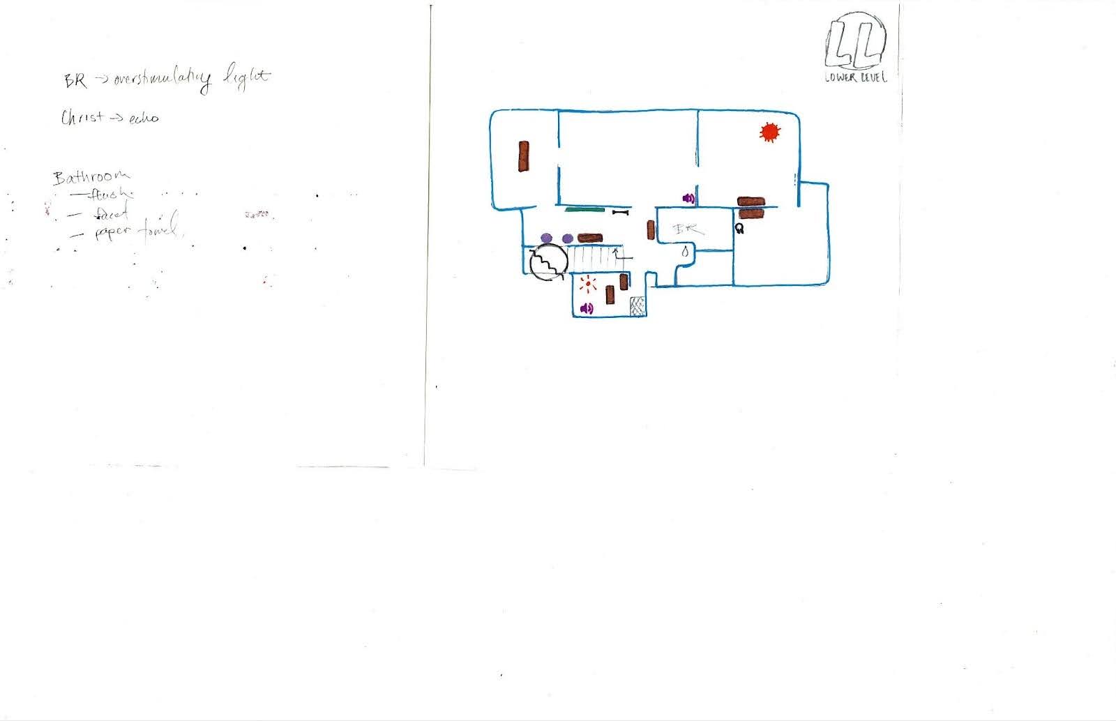 An open spread of a hand-drawn zine with notes on the left-hand page and a floorplan drawing on the right in blue, red, and brown pen.