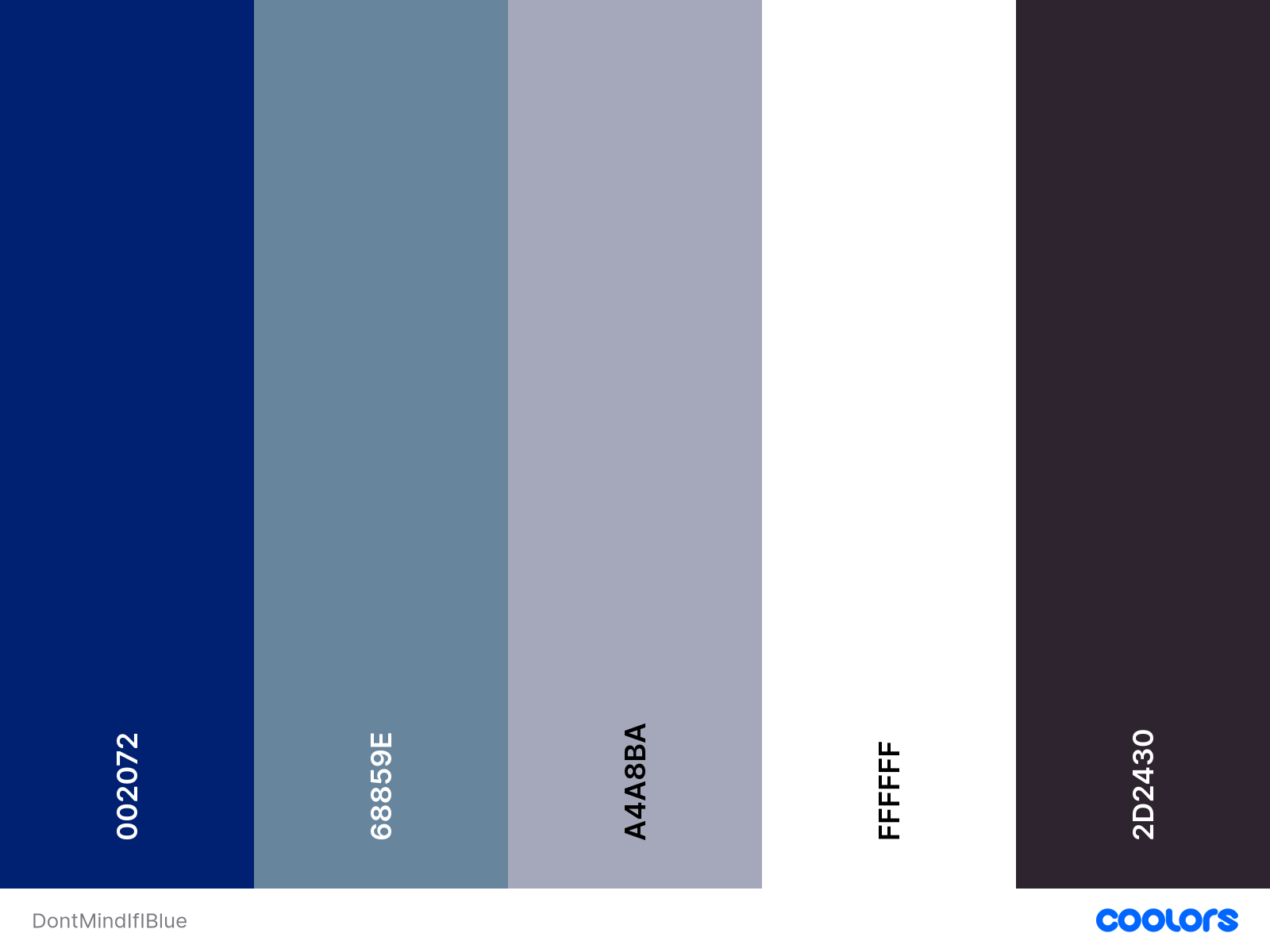 A series of five color swatches, in order from left to right: royal blue, dusky blue, slate grey, white, and black.