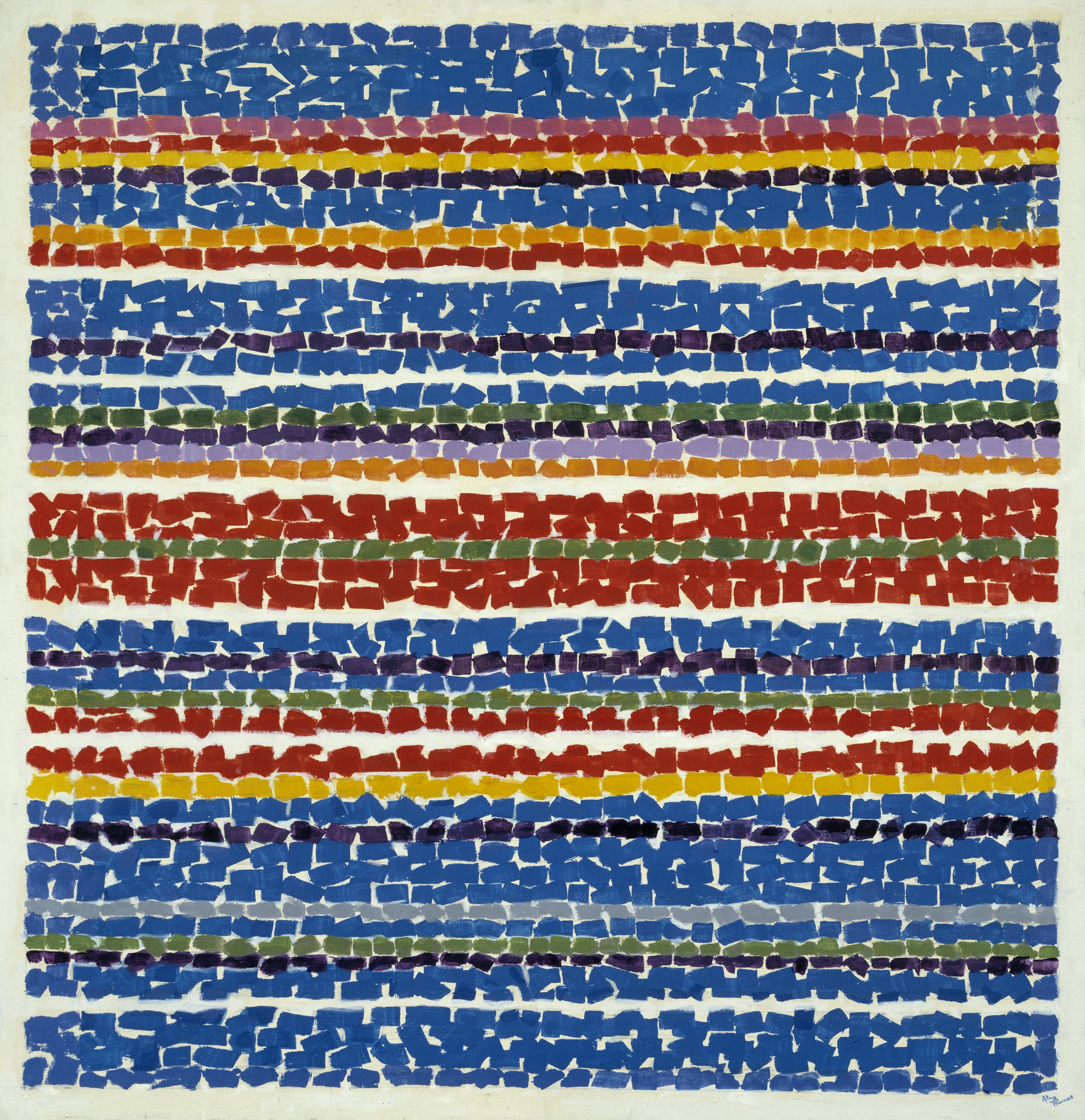 painting of dark blue, light blue, red and yellow stripes across a page