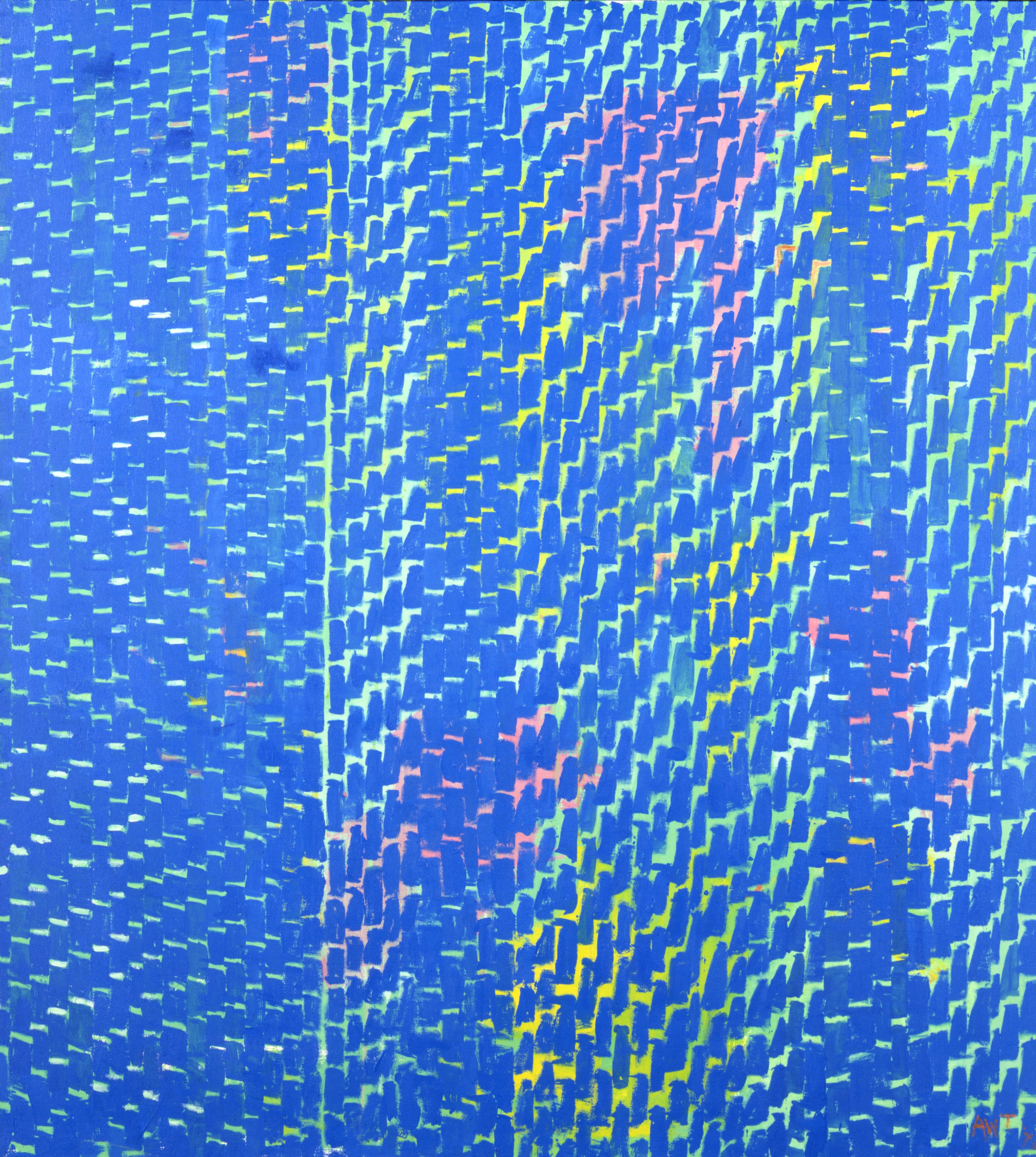 Vibrant blues made of lots of small mark making, shimmering with light blues and purples in vertical