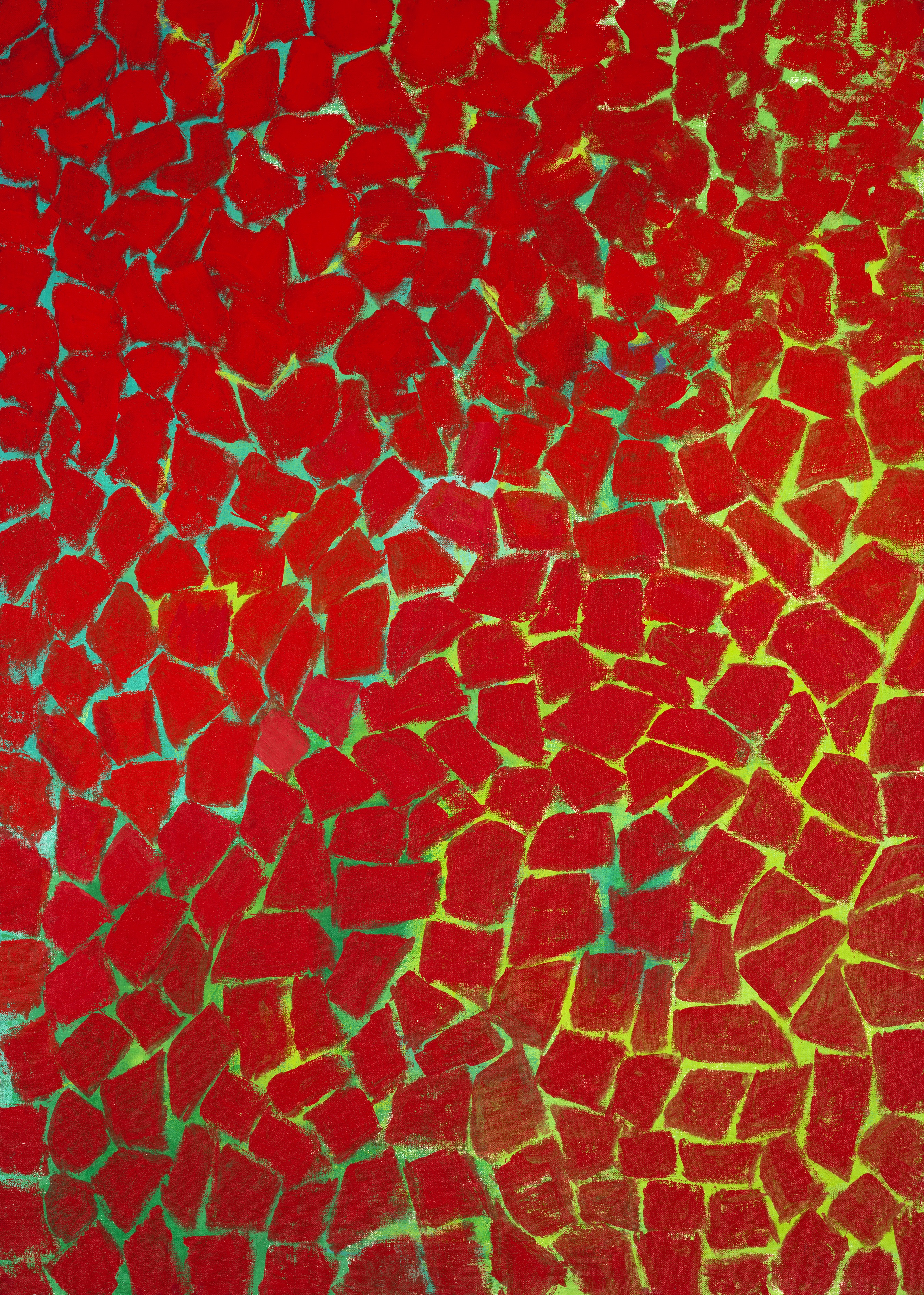 Red field made of of cracked red shapes with bright colors seeping through including yellow and blue/green