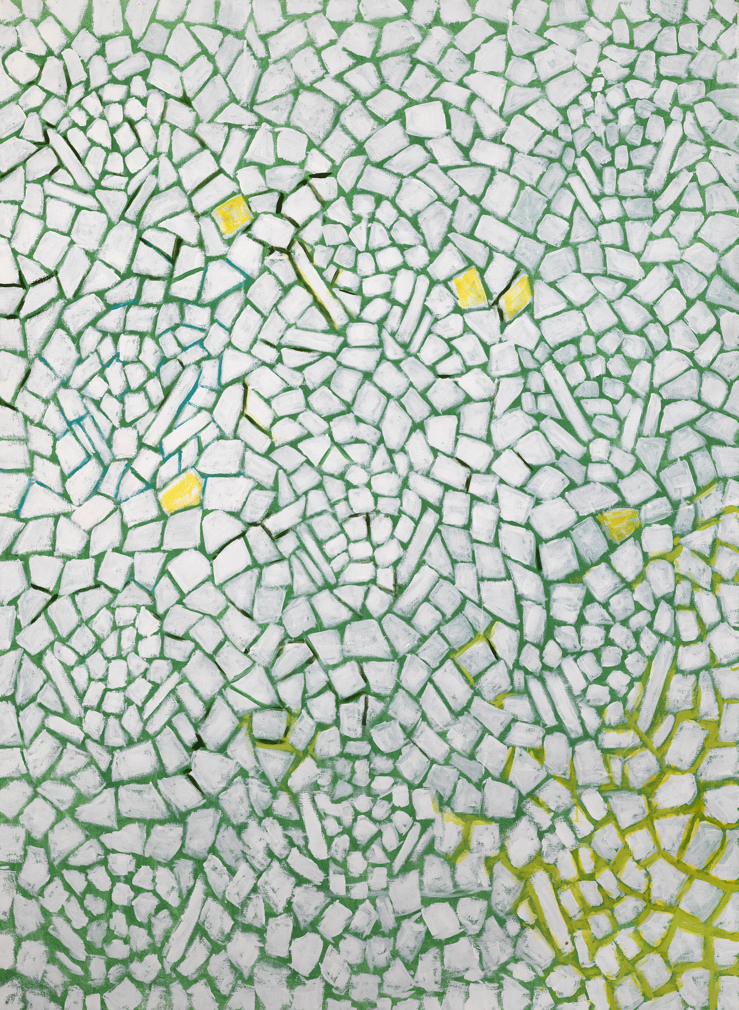 Field of pearly white with a dark pattern pattern that resembles a mosaic with yellow in the right corner