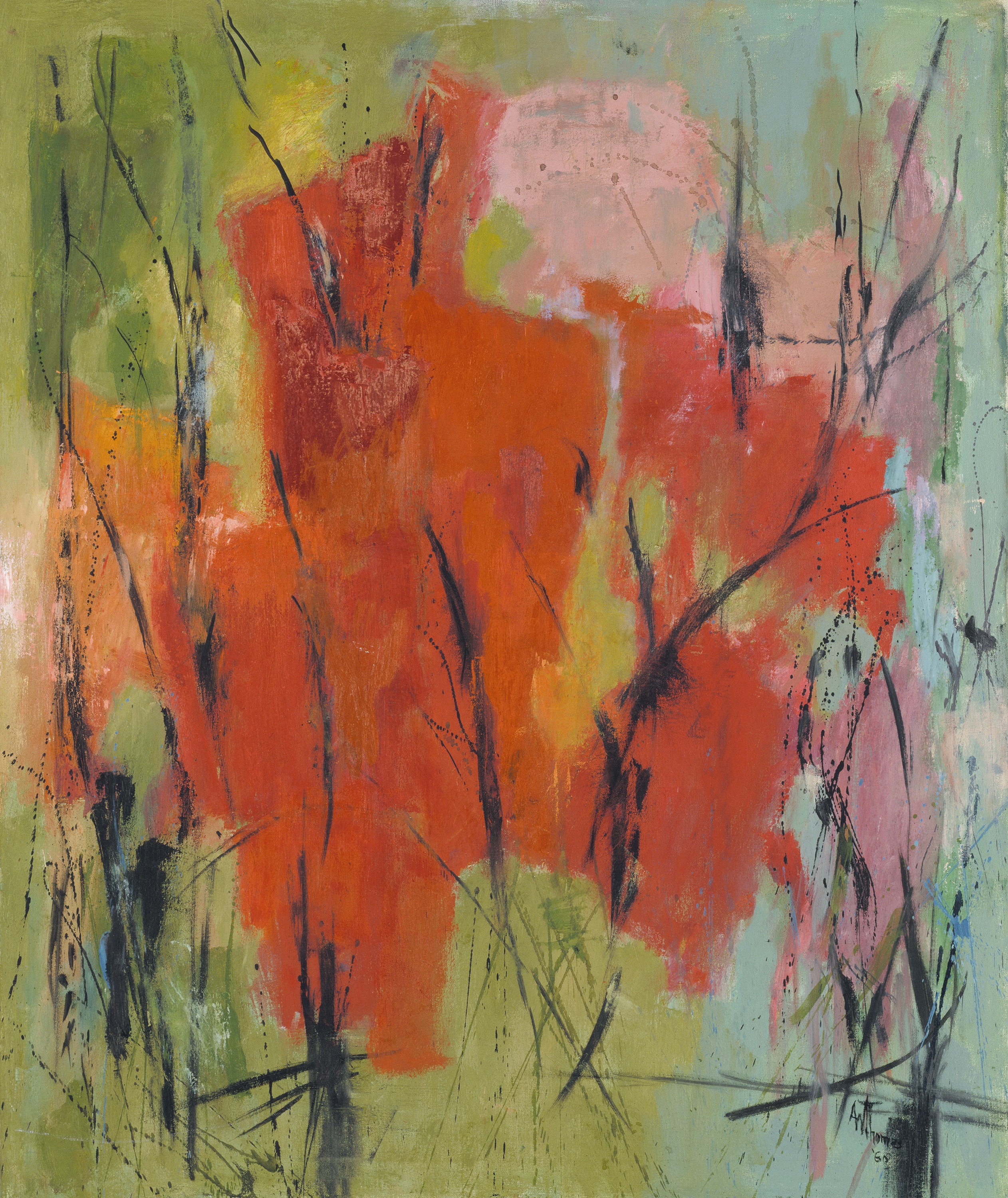 Red shapes on a green background with black marks that resemble stalks or thin organic materials