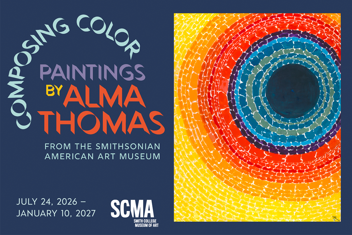 Graphic on left of exhibition title: Composing Color: Paintings by Alma Thomas from the Smithsonian American Art Museum with exhibition dates and credits and an image on the right of colorful concentric circles of colors made with dashes, starting with dark blu at center, followed by light blue dashes, organs, red and then yellow