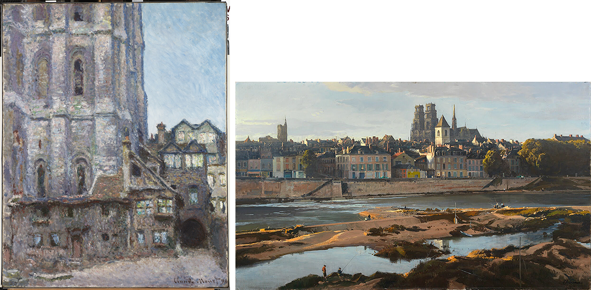 On the left, a painting of a church in shades of lavender, grey, and sky blues. On the right, a painting of a view of a town, houses, and a church across a river. 