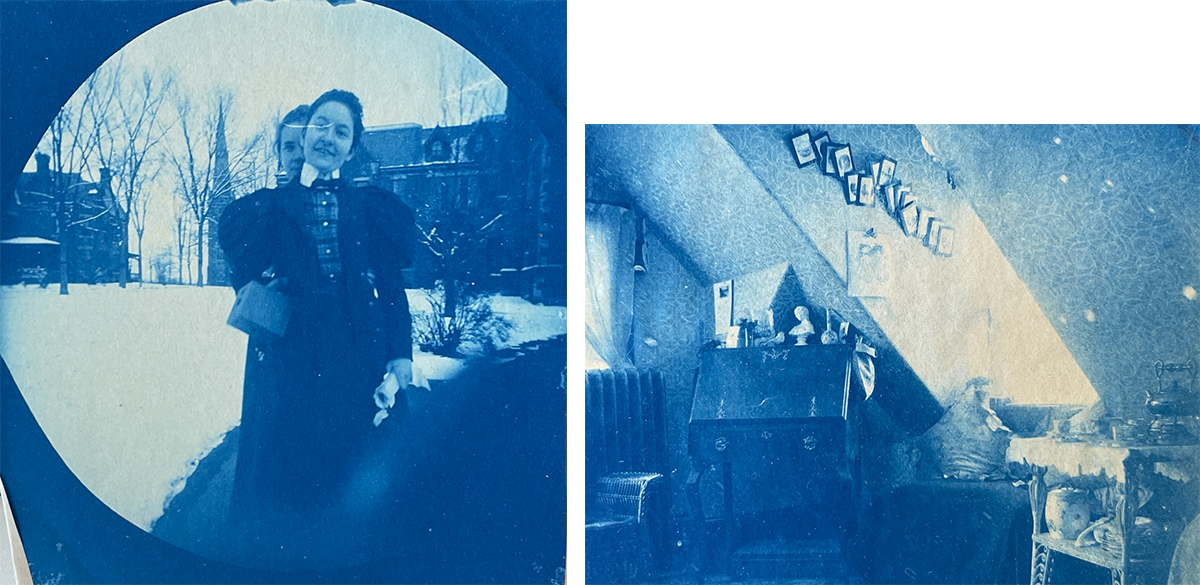 Two blue photographs. At right, a photo of two young women stand in front of a snowy landscape, one woman standing completely behind the other head peeking over her shoulder. At left, a photo of a room with ceiling angled sharply down to the right, showing a desk, small table, and bookshelf covered in small objects and papers. 