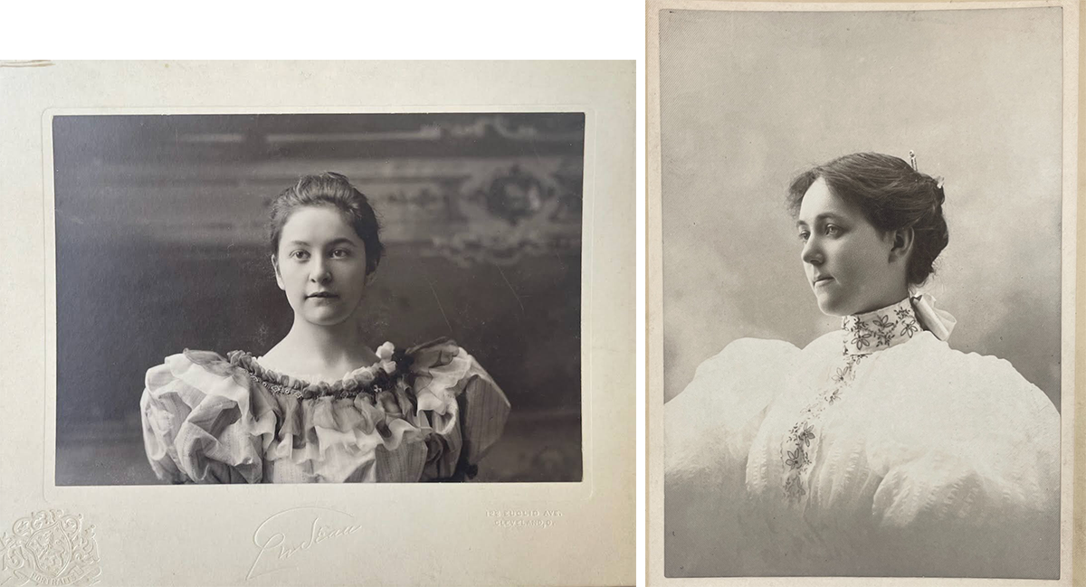 On the left, a portrait photograph of a young woman in a frilly white top with round, puffy sleeves. On the right, a portrait photograph of a young woman in three-quarter view wearing a high collar white dress.