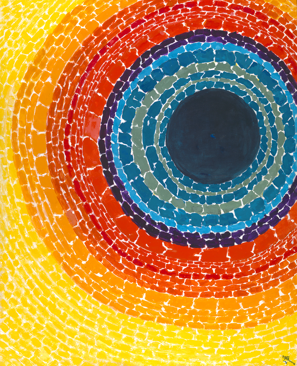 An image on the right of colorful concentric circles of colors made with dashes, starting with dark blu at center, followed by light blue dashes, organs, red and then yellow
