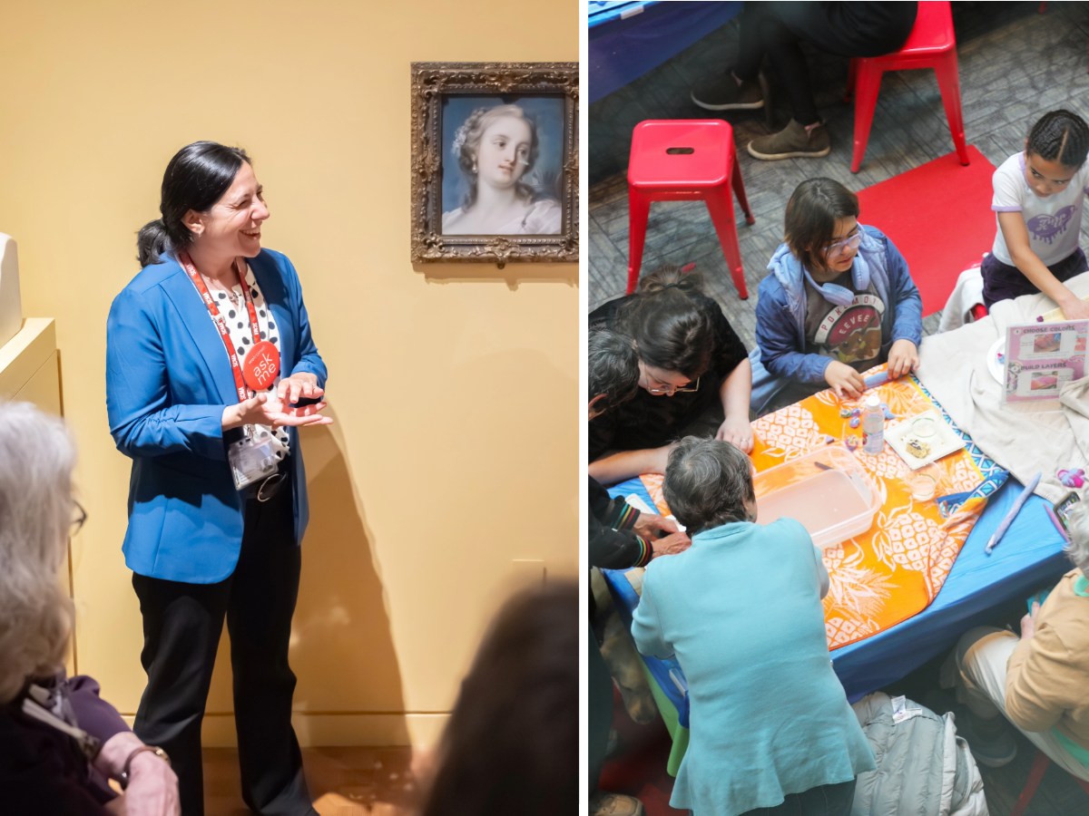 Two photos: left includes person with bright blue jacket standing n front on an artwork while facing a few people; Right includes a bird's eys perspective of a table with 6 people around it making art
