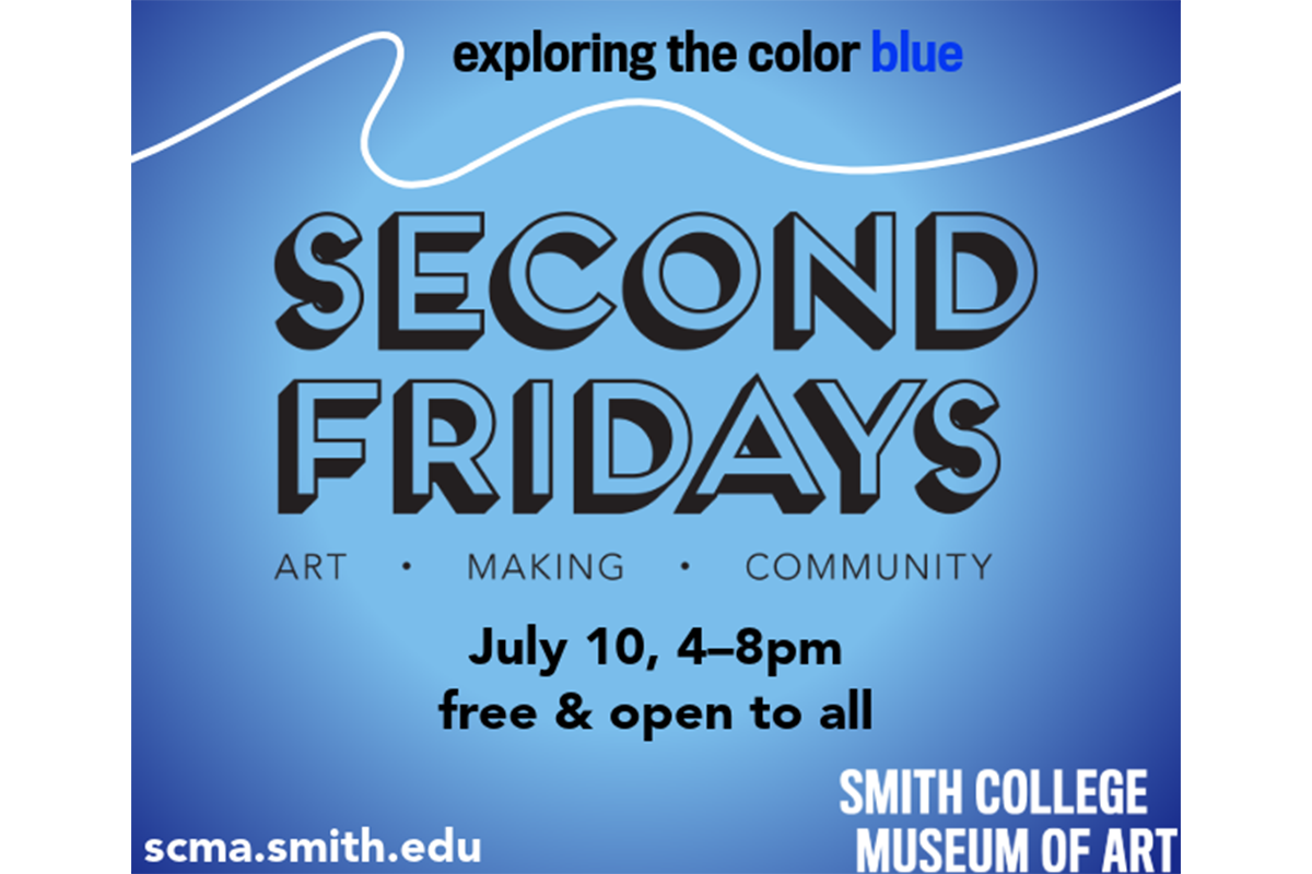 SCMA logo on a field of blue with text aove that reads "exploring the color blue" and below reads" July 10, 4–8pm, free & open to all , plus scma.smith.edu url