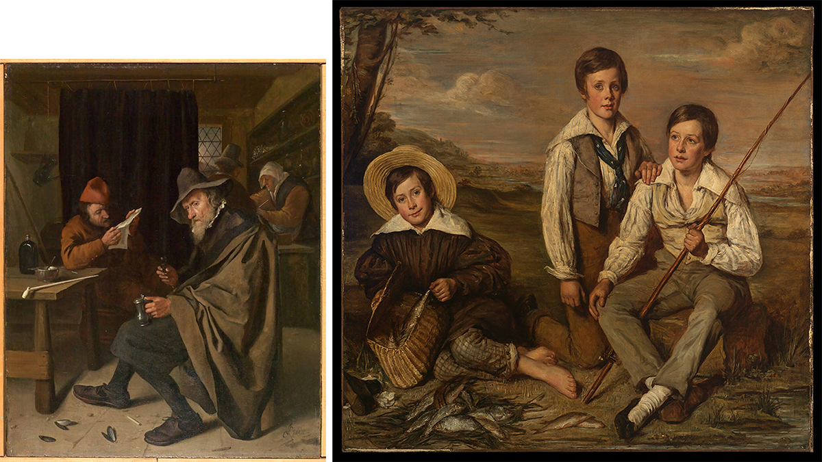 On the left, an interior scene of three figures with the man in the foreground sitting and drinking from a small silver tumbler. On the right, three children pose in an idealized scene of fishing in the countryside.