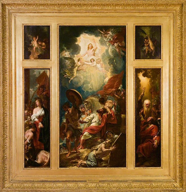 Painting in a big golden frame, separated into five sections: a large main section with many figures below a figure bathed in gold light between clouds, with two sections on either side depicting saints and cherubs.