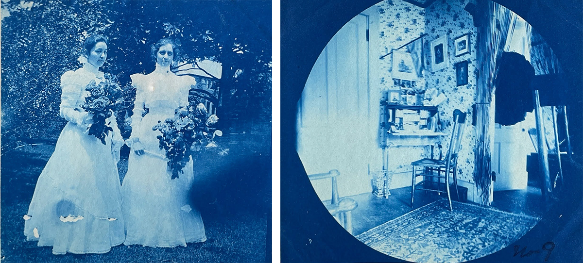 On the left, two women standing on a lawn in long white dresses holding large bouquets of flowers. On the right, an interior scene of a room with a small writing desk, chair, flowered wall paper.