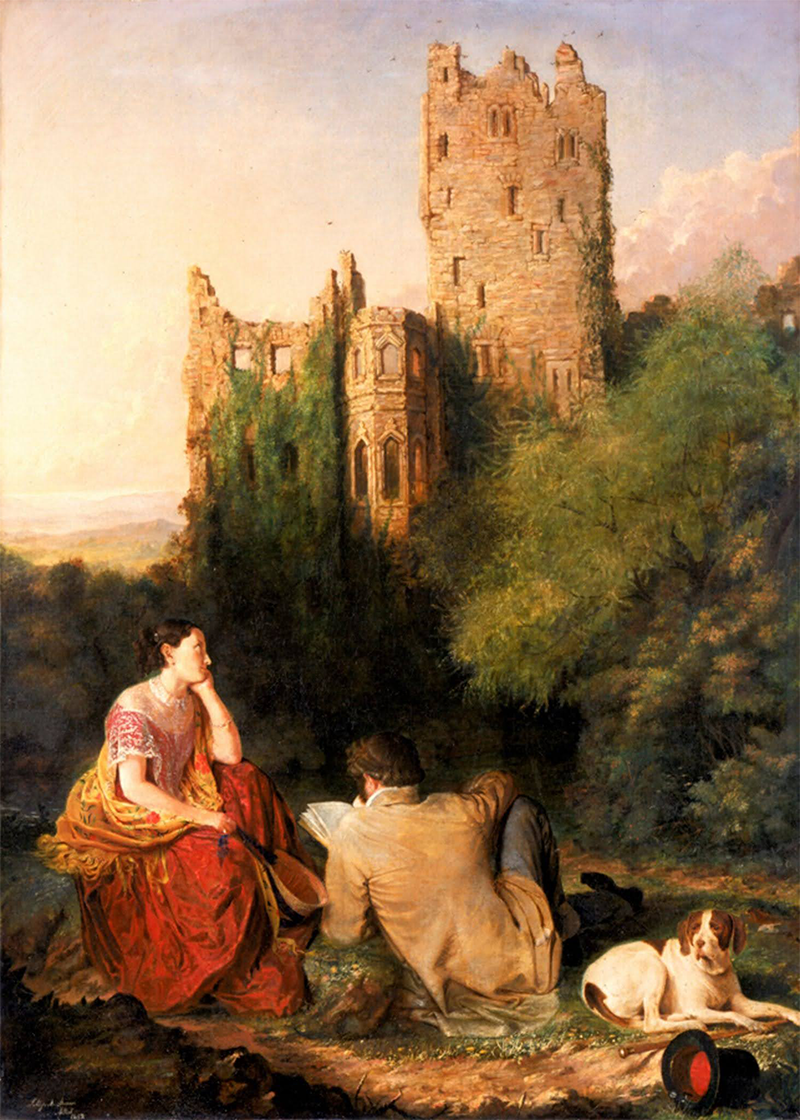 Painting of a man reading a book to a woman as she gazes into the distance where the ruins of a castle loom over the scene.