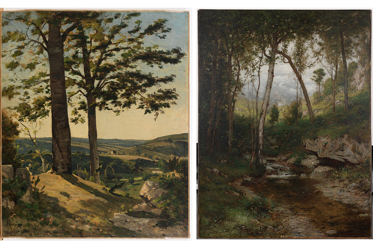 On the left, a landscape painting of the first of green and gold rolling hills with two tall trees in the foreground. On the right, a darker landscape of a small, rocky stream in the woods with a view over a valley in the background.