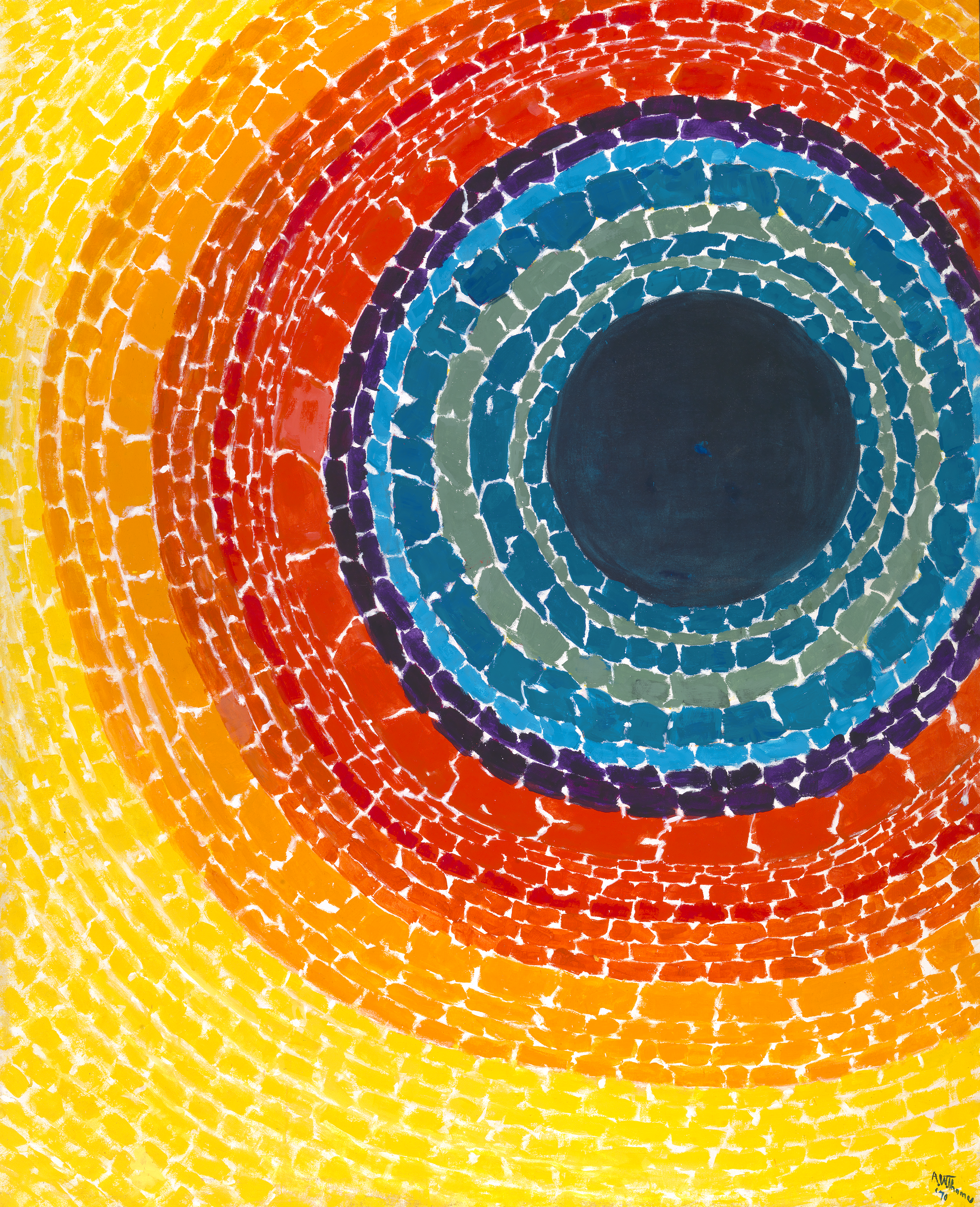 Painting using short brushstrokes in concentric circles of color, starting with different blue in the center , followed by red orange and then yellow