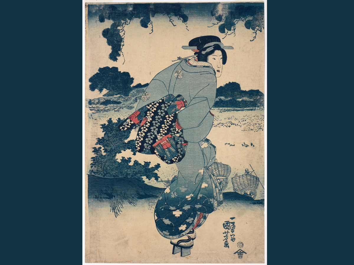 Japanese print of a person in a kimono in a landscape with color scheme of blue