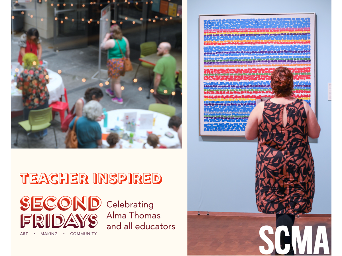 Top left photo of people making art, person in right photo looking at a colorful painting of horizontal stripes with text on lower left that reads Teacher inspired Second Friday, Art, Making, Community, Celebrating Alma Thomas and all educators